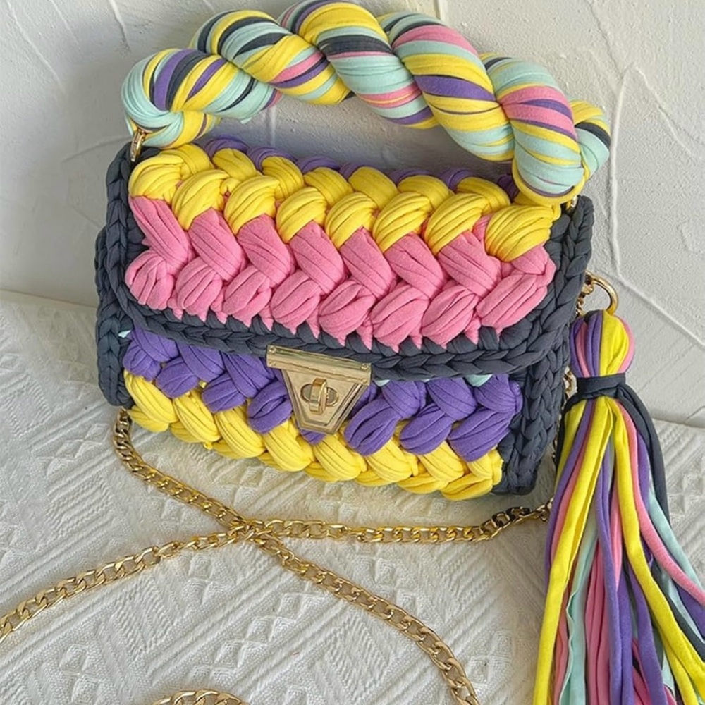 Colorful Woven Handbag with Chain Strap